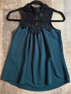 Vanity Teal Tank with Black Lace High Neck Keyhole in the back